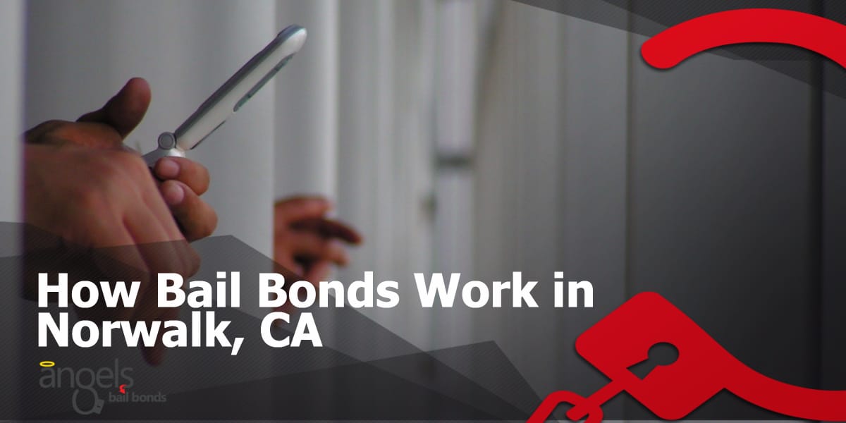 Title text How Bail Bonds Work in Norwalk, CA and a person in prison using a cellphone.